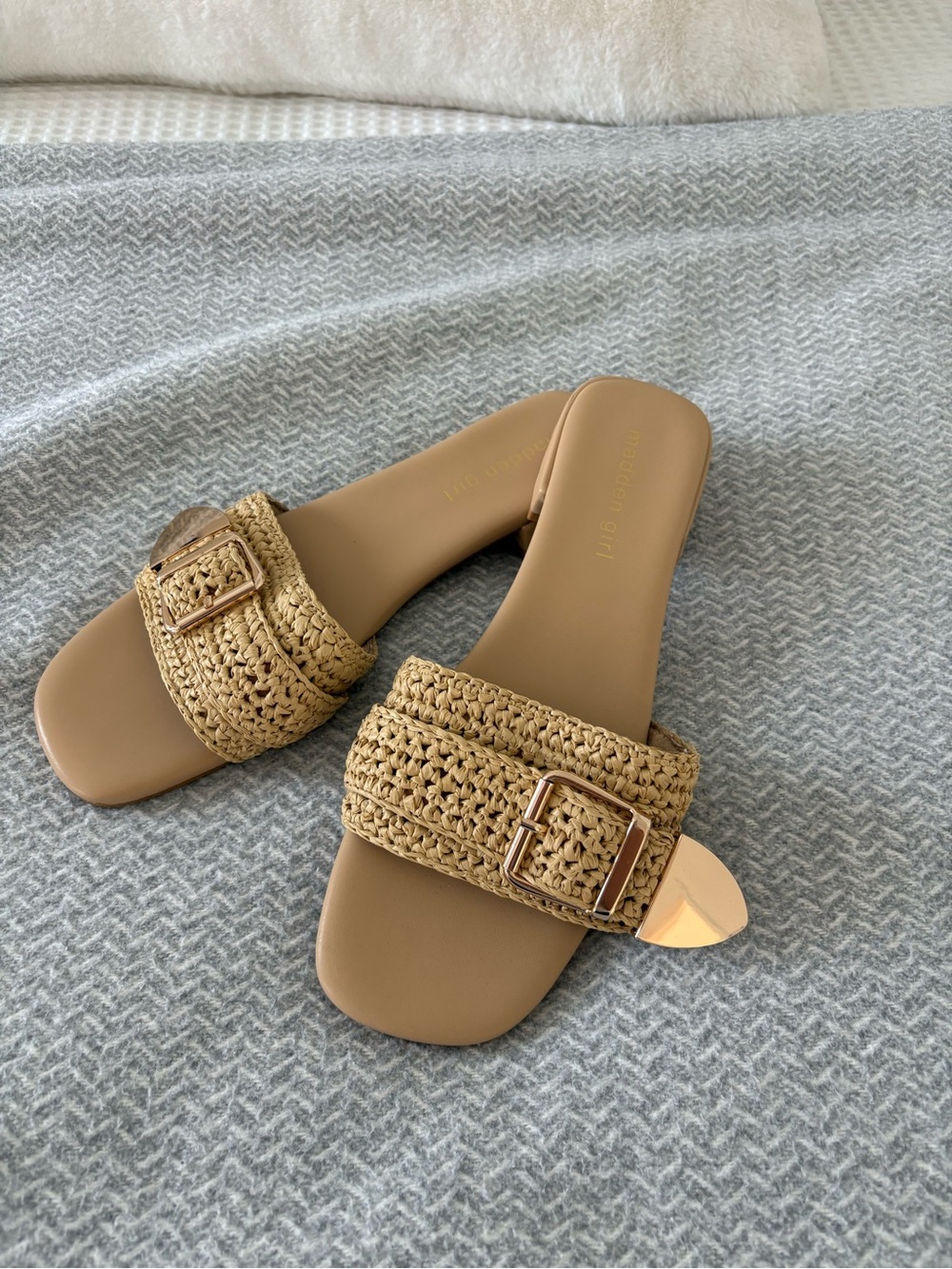 Madden Girl Tan Woven Buckle Slide Sandals